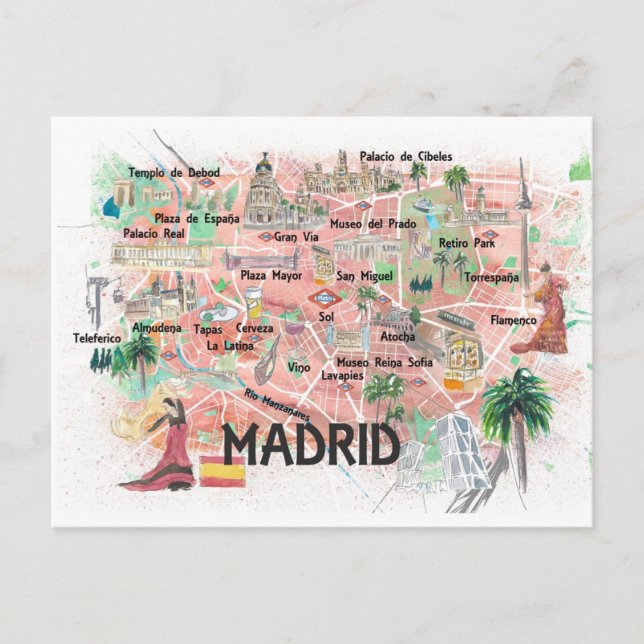 Postale Madrid Espagne Carte de Voyage Illustrée avec Rout (Devant)