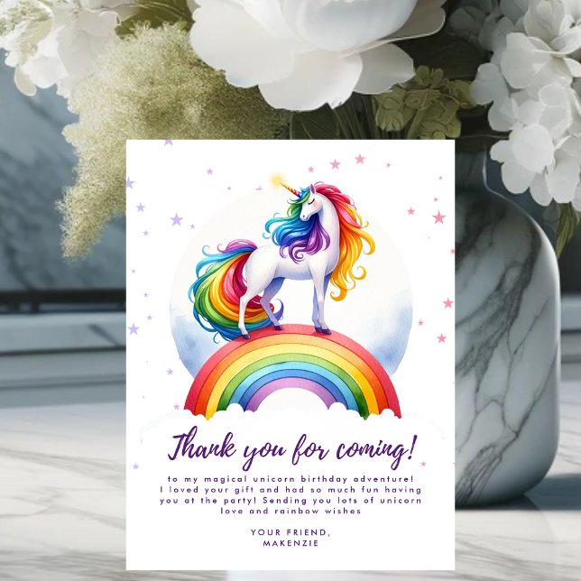 Postale Magique Rainbow Unicorn Anniversaire Carte de reme (Magical Rainbow Unicorn Birthday Thank You Card)