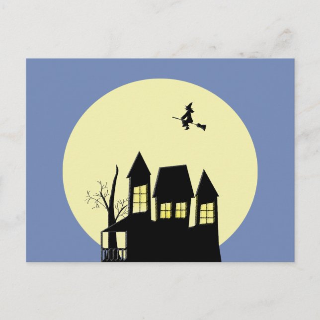 Postale Maison hantée et carte de sorcière volante (Devant)