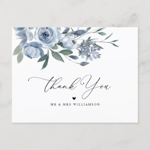 Postale mariage à fleurs bleu poussiéreux carte de remerci