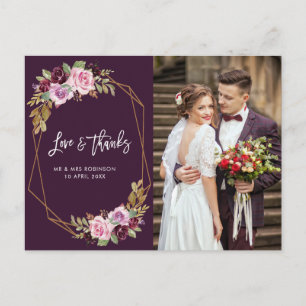 Postale mariage moderne violet fleuri merci carte photo