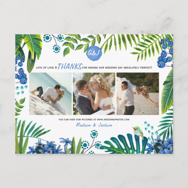 Postale Mariage Tropical Leaves Merci | Carte 3 Photos (Devant)