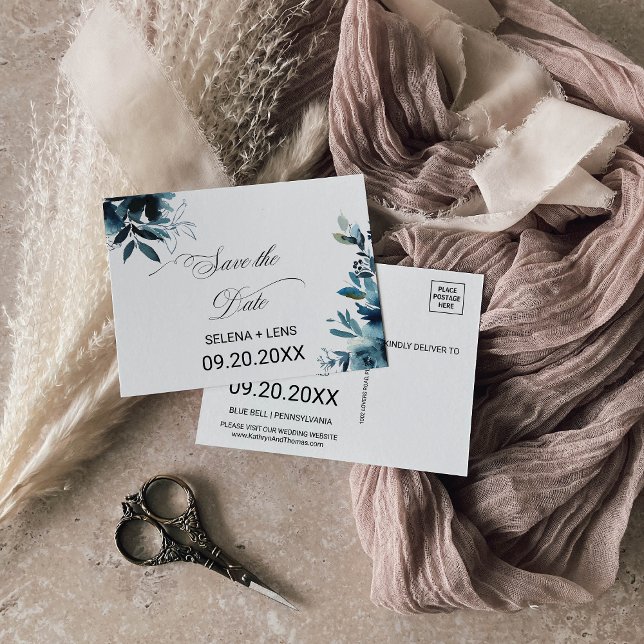 Postale Marine céleste Bleu floral Enregistrer la carte de (Créateur téléchargé)