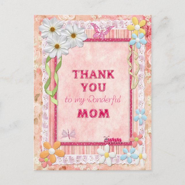Postale Merci maman, fleurs et papillons carte artisanale (Devant)