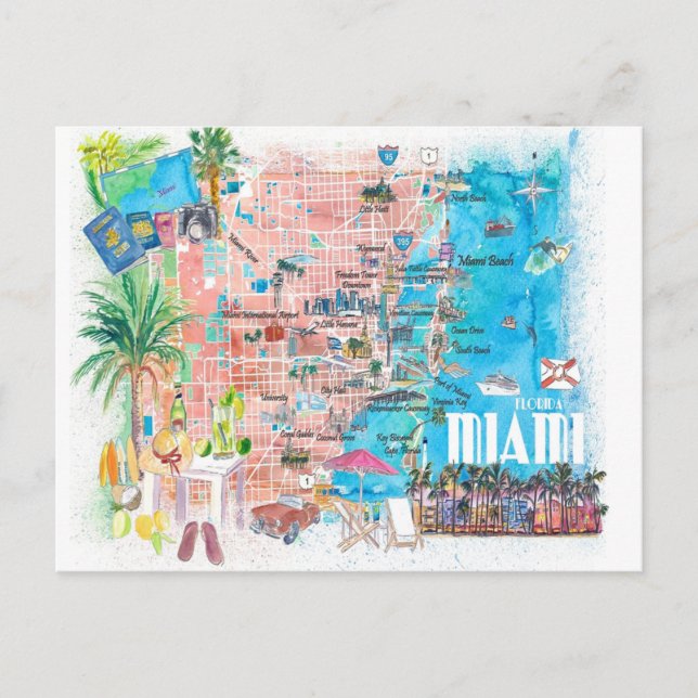 Postale Miami Floride Carte de Voyage illustrée avec les r (Devant)