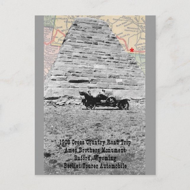 Postale Monument Ames Bros avec carte 1908 road trip (Devant)
