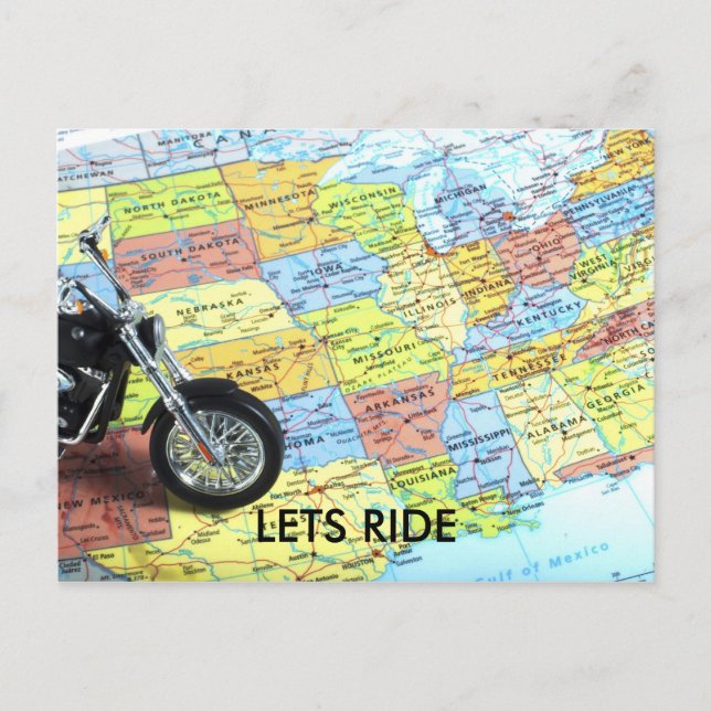 Postale Moto sur la carte des USA, LETS RIDE (Devant)