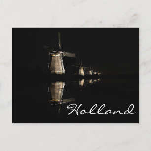 Postale Moulins à vent illuminés à Kinderdijk texte carte 