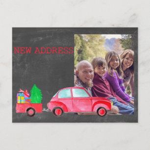 Postale Nouvelle adresse aquarelle Noël Voiture carte phot