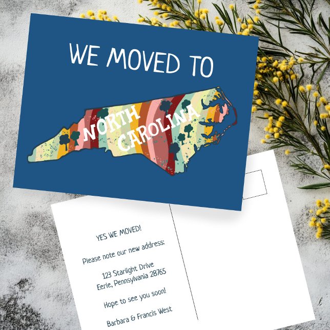 Postale NOUVELLE ADRESSE D'ACCUEIL Carte de l'État de la C (NEW HOME ADDRESS Moving Announcement North Carolina State Map Postcard
)