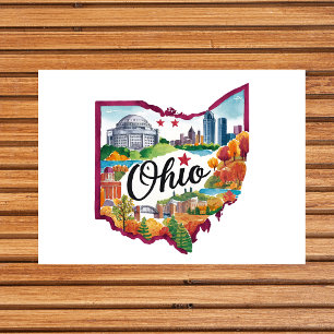 Postale Ohio USA Carte en forme d'État à l'aquarelle vinta