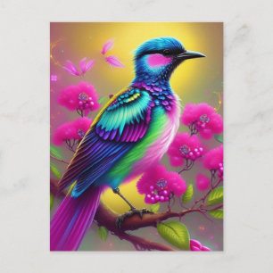 Postale Oiseau surréaliste coloré fleurs roses carte posta
