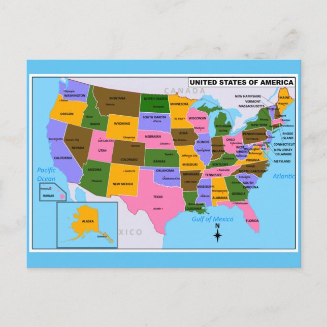 Postale OLD USA Carte avec Capitales d'Etat et Golfe du Me (Devant)