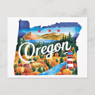 Postale Oregon États-Unis Carte Ancienne Aquarelle