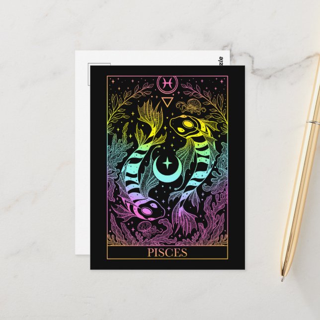 Postale Panneau Zodiac Pisces Carte Tarot (Devant/Arrière en situation)