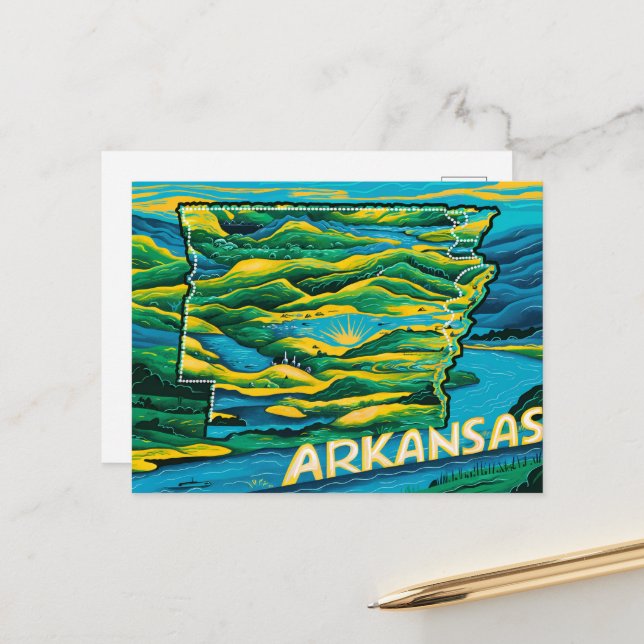 Postale Peinture de la carte d'état de l'Arkansas (Devant/Arrière en situation)