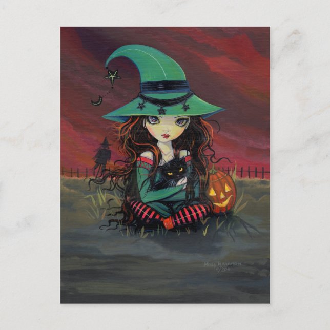 Postale Petite Sorcière et Chat Noir Carte de Vœux Hallowe (Devant)