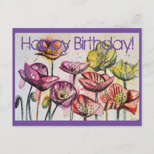 Postale Pies roses Aquarelle et encre Carte d'anniversaire