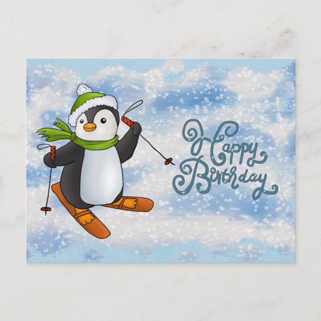 Postale Pingouin avec carte de ski (Devant)