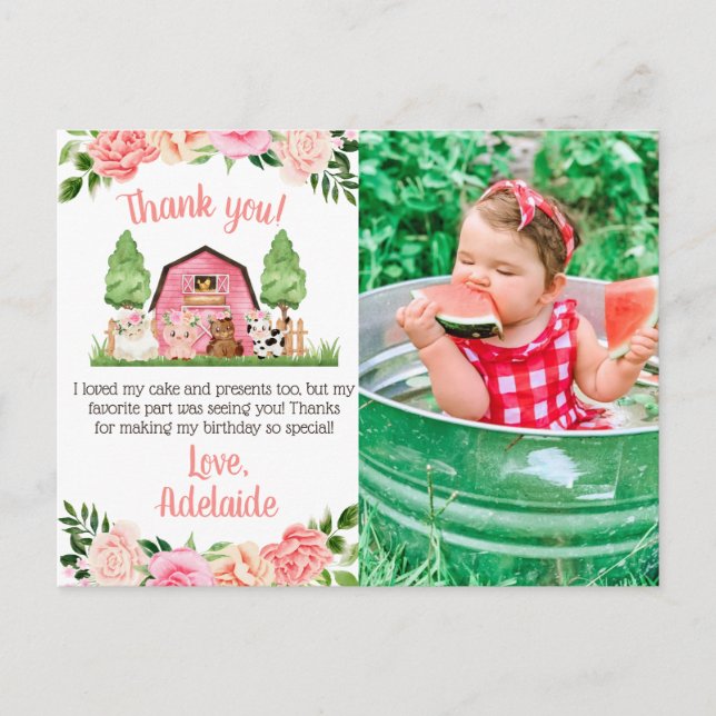 Postale Pink Farm Photo 1er Anniversaire Merci Carte posta (Devant)