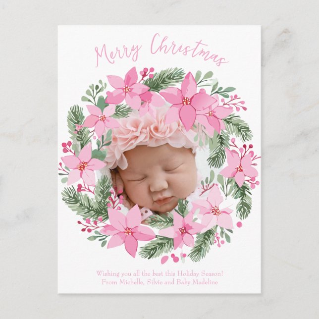 Postale Pink New Baby Photo Carte de Noël Girl Poinsettia (Devant)