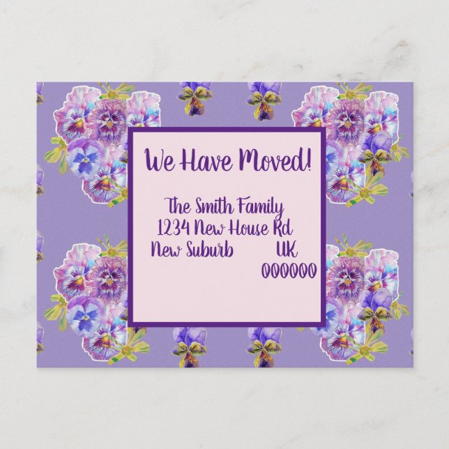 Postale Purple Pansy Nouvelle Adresse Carte Postale, Nous  (Devant)