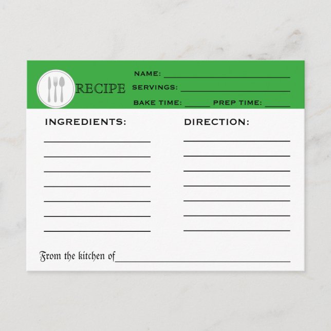 Postale Recette Retro Carte Chef Vert Outils de cuisine (Devant)