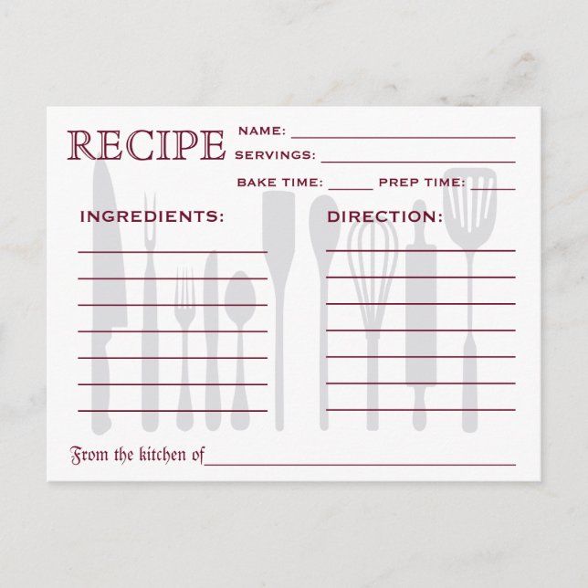 Postale Recette Rétro Outils de cuisine de la carte (Devant)