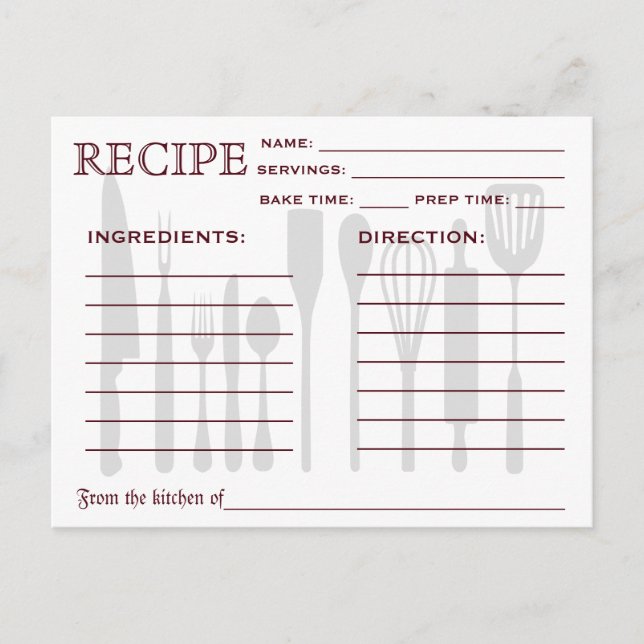 Postale Recette Rétro Outils de cuisine de la carte (Devant)