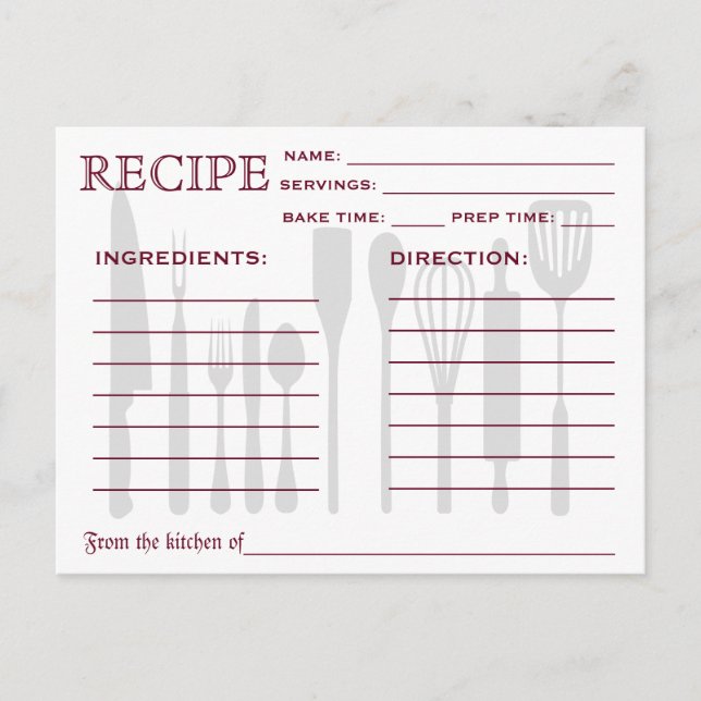 Postale Recette Rétro Outils de cuisine de la carte (Devant)