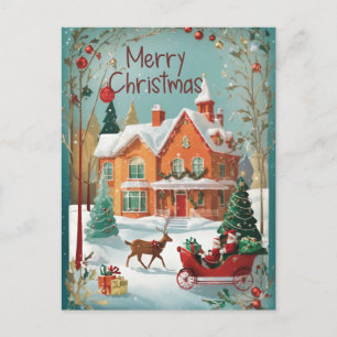 Postale Red Green Vintage Père Noël Sleigh Christmas Carte