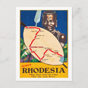 Postale Rhodésie, guerrier traditionnel avec carte sur bou