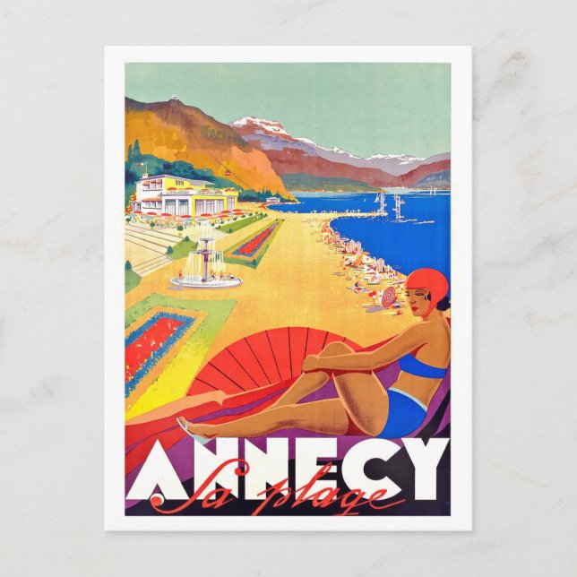 Postale rivage d'Annecy, fille sur une plage, carte postal (Devant)