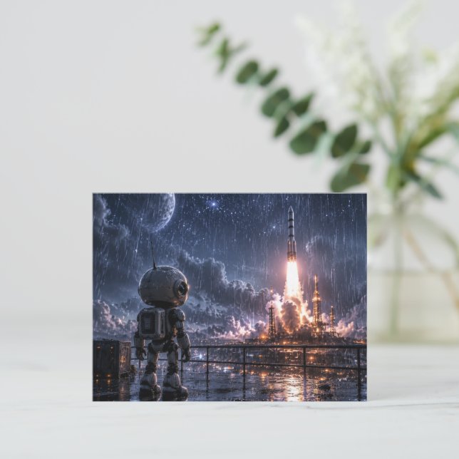 Postale Robot sous la pluie Mission spatiale sur la carte  (Debout devant)