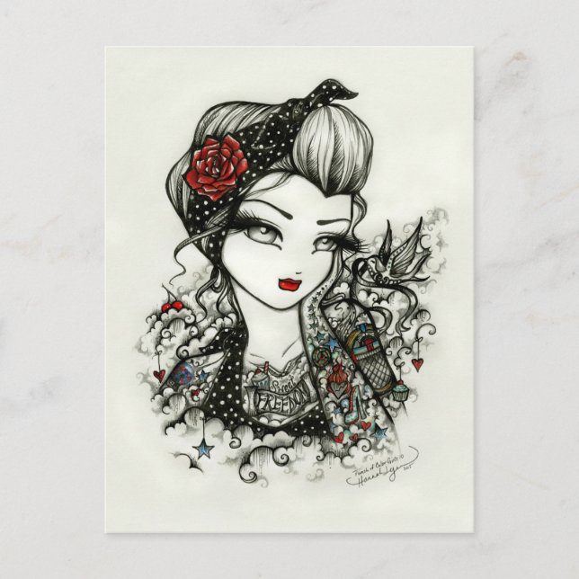 Postale Rockabilly Tattoo Girl Sketch Rose Art Carte posta (Devant)