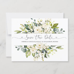 Postale Roses blanches verdure Enregistrer la date Carte p