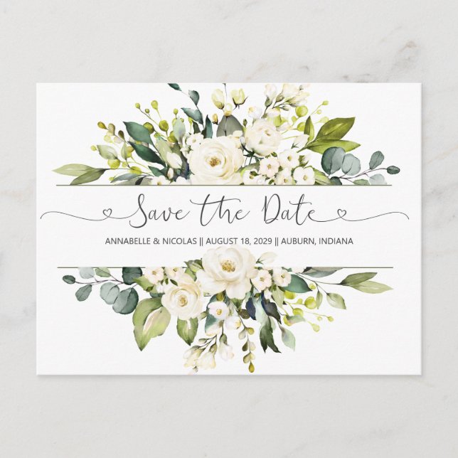 Postale Roses blanches verdure Enregistrer la date Carte p (Devant)
