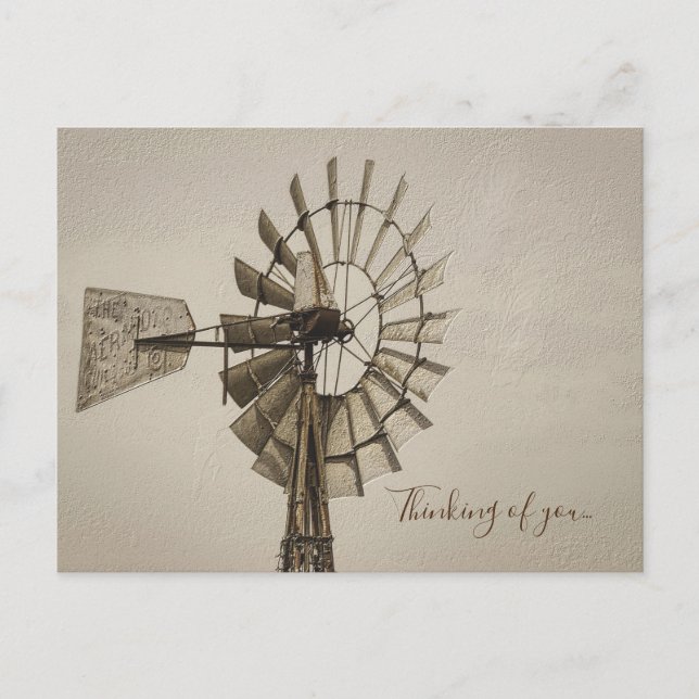 Postale Roue D'Un Moulin À Vent Sepia Penser À Vous Carte  (Devant)