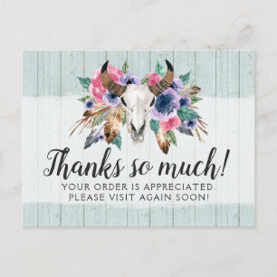 Postale Russe Floral Vache Crâne Boho Chic Carte de remerc