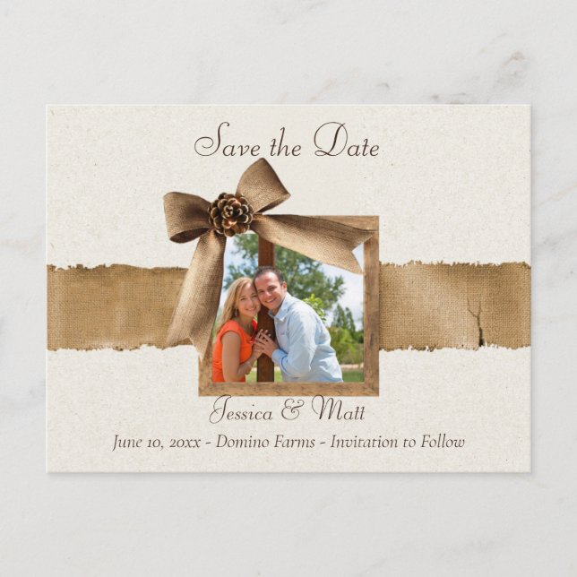 Postale Rustic Burlap Photo Enregistrer la date Carte Post (Devant)
