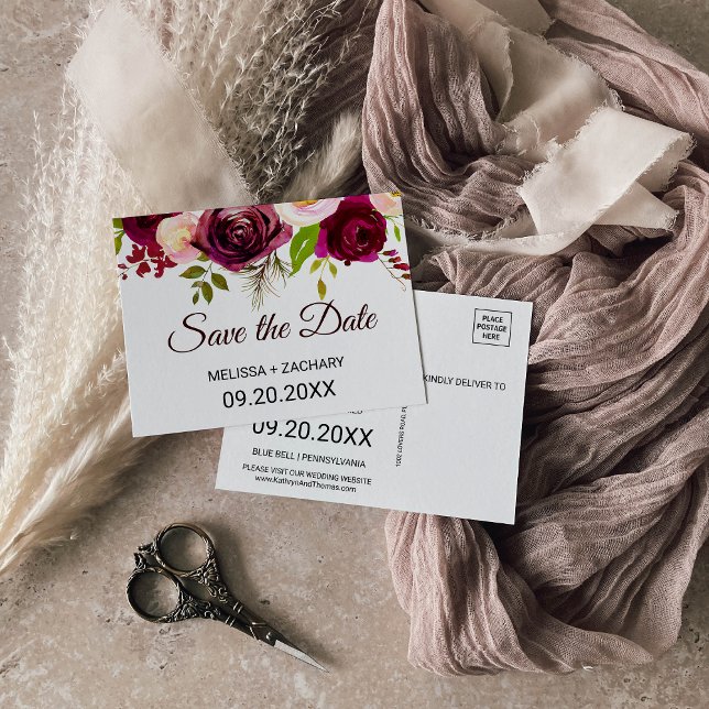 Postale Rustique Bourgogne Floral Enregistrer la carte Dat (Créateur téléchargé)