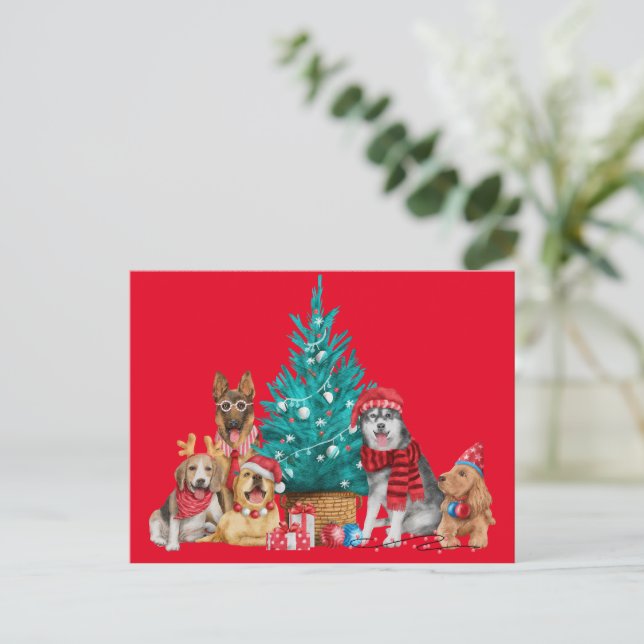 Postale Sacoche de Noël de chiens sous l'arbre carte posta (Debout devant)