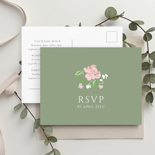 Postale Sage & Blanc | Carte de réponse RSVP de mariage ch (Créateur téléchargé)