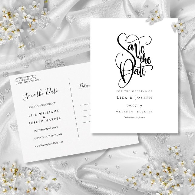 Postale Simple calligraphie noir et blanc pour carte de sa (Simple Black and White Calligraphy Save the Date Postcard)