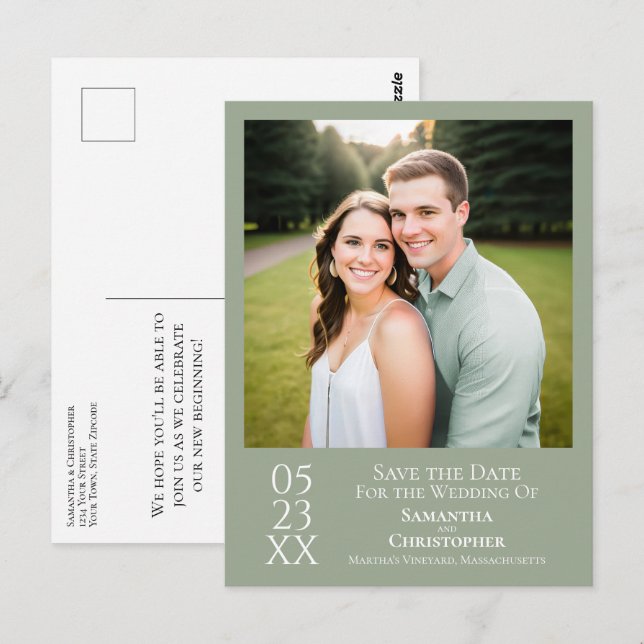 Postale Simple Carte de Mariage Vert Sauge Enregistrer la  (Devant / Derrière)