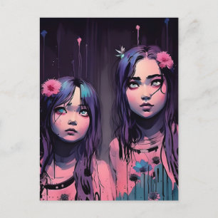 Postale Soeurs Avec Cheveux Violet Fleurs Roses Carte Post