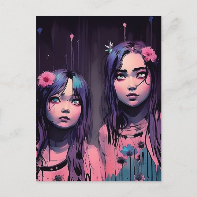 Postale Soeurs Avec Cheveux Violet Fleurs Roses Carte Post (Devant)