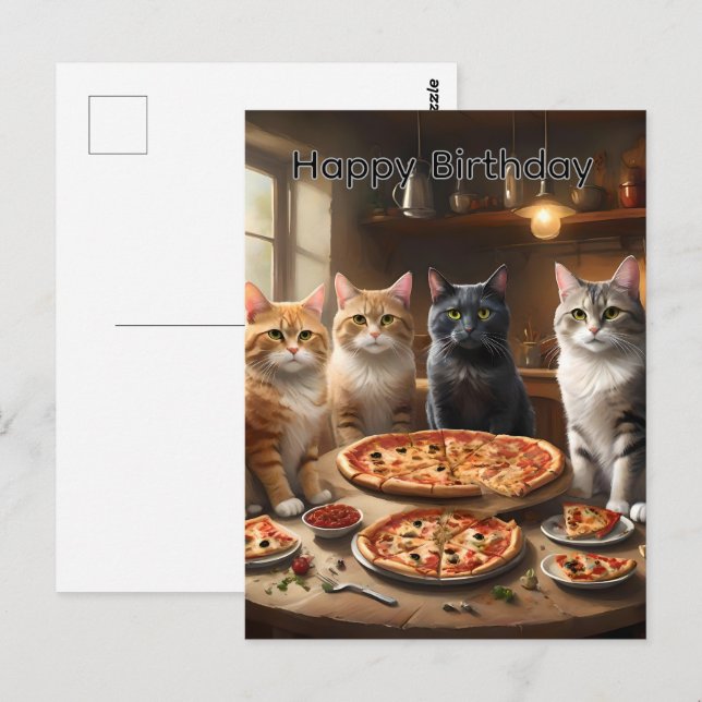 Postale Soirée Pizza Chat, Carte d'anniversaire (Devant / Derrière)