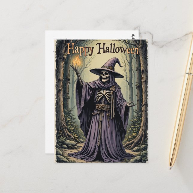 Postale Sorcière Violette Enchantée Halloween Carte de Vœu (Devant/Arrière en situation)