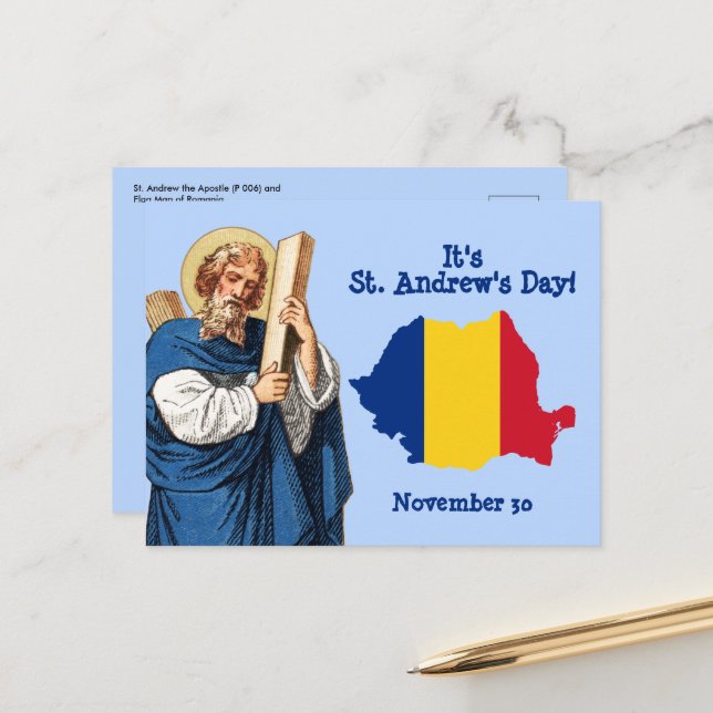 Postale St. André et carte de Roumanie sous forme de drape (Devant/Arrière en situation)